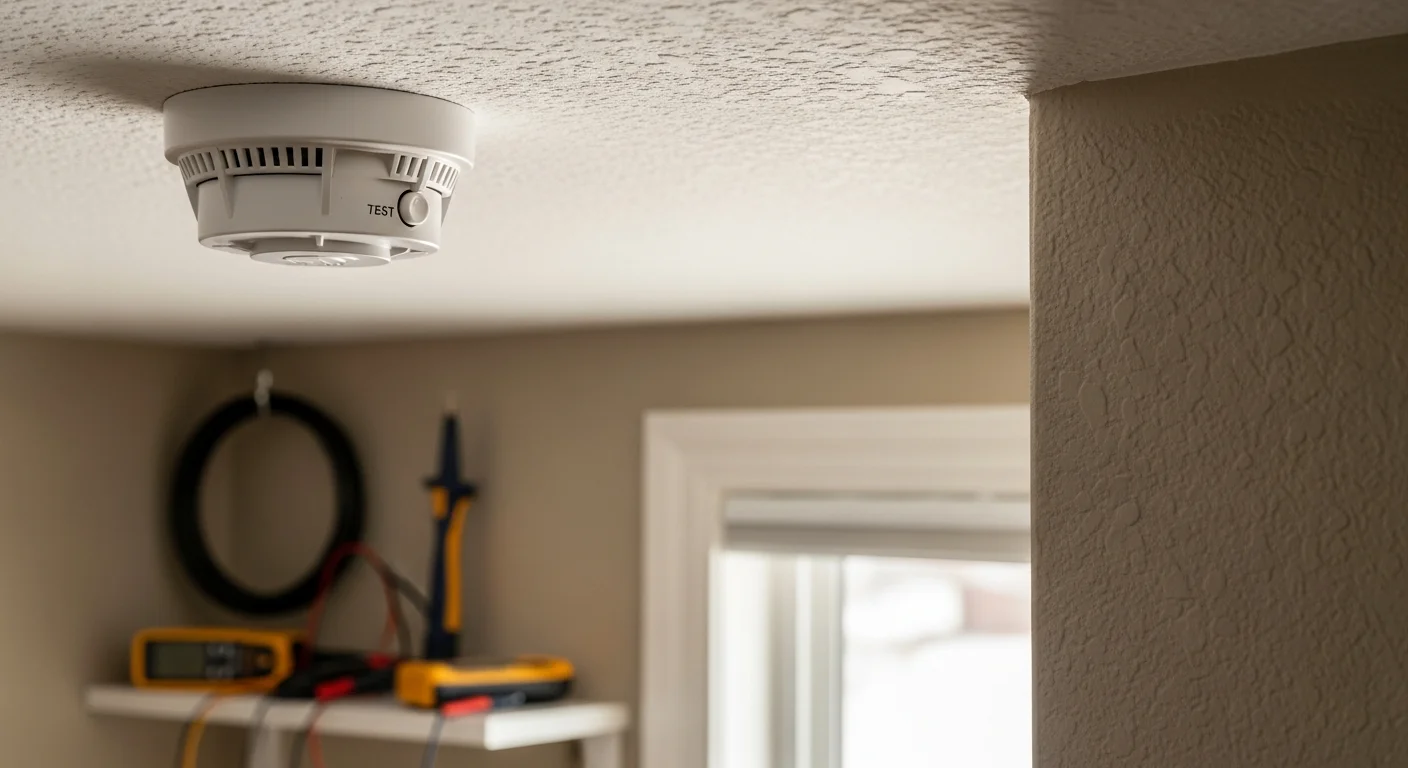 Electrician installing a smoke alarm on a ceiling