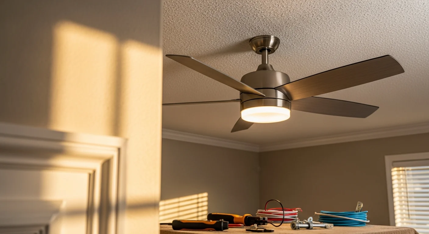 Electrician installing a ceiling fan in a residential room