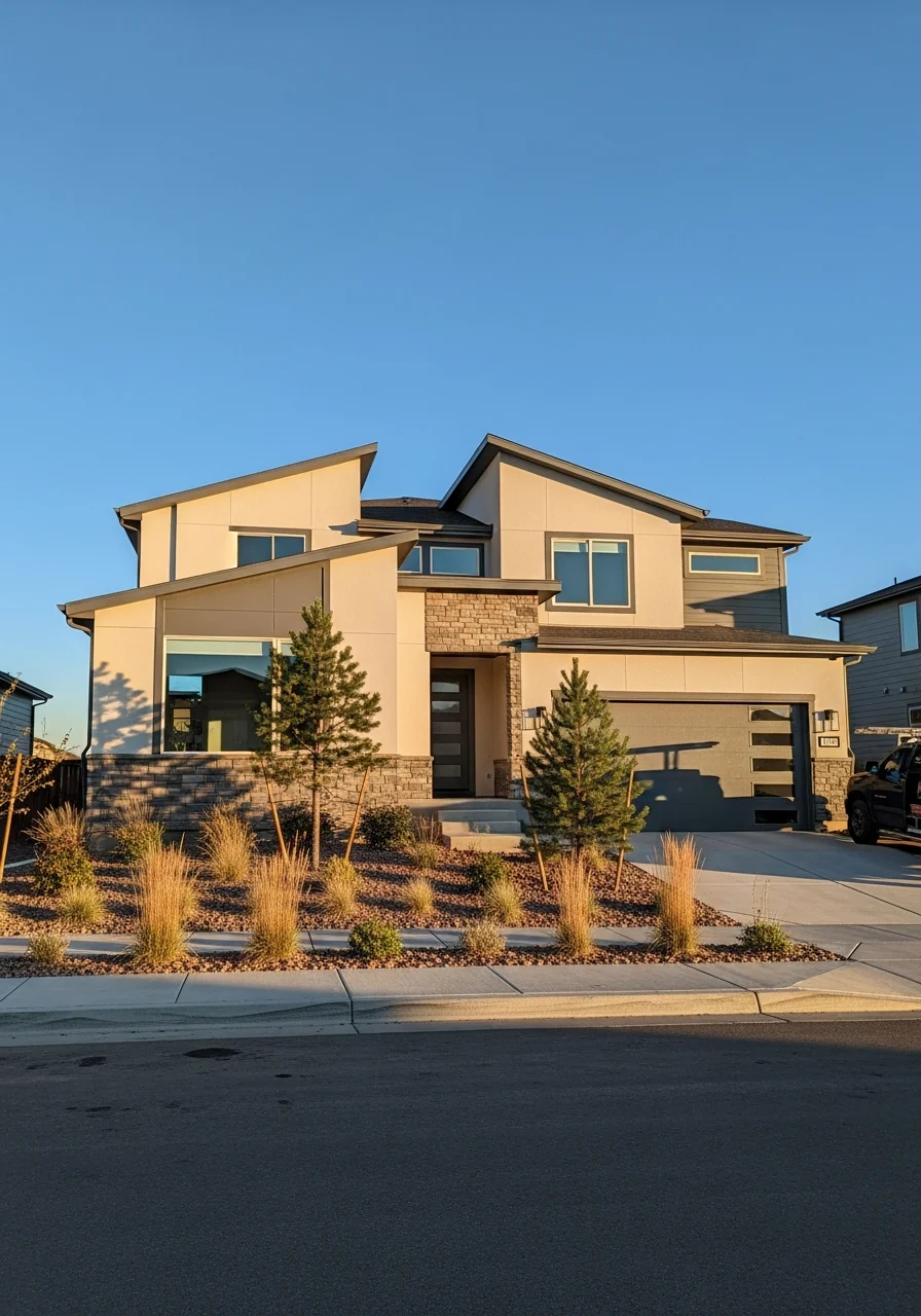 Modern Castle Rock home with manicured landscaping and contemporary exterior design.