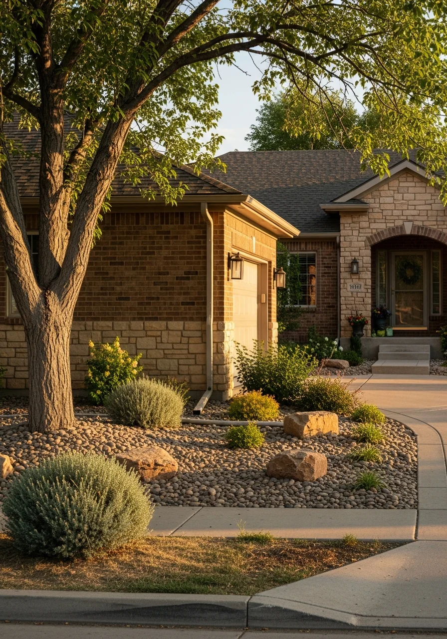 Close-up of a Lakewood home's front entrance with landscaping and property details visible.