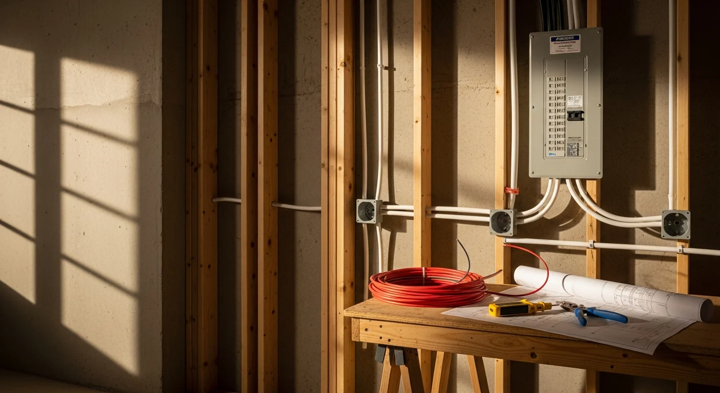 A newly wired unfinished basement in a Lakewood home showing clean rough-in electrical runs, outlet boxes, and a circuit panel connection point ready for inspection. Concrete slab floor and framed stud walls are visible before drywall installation.