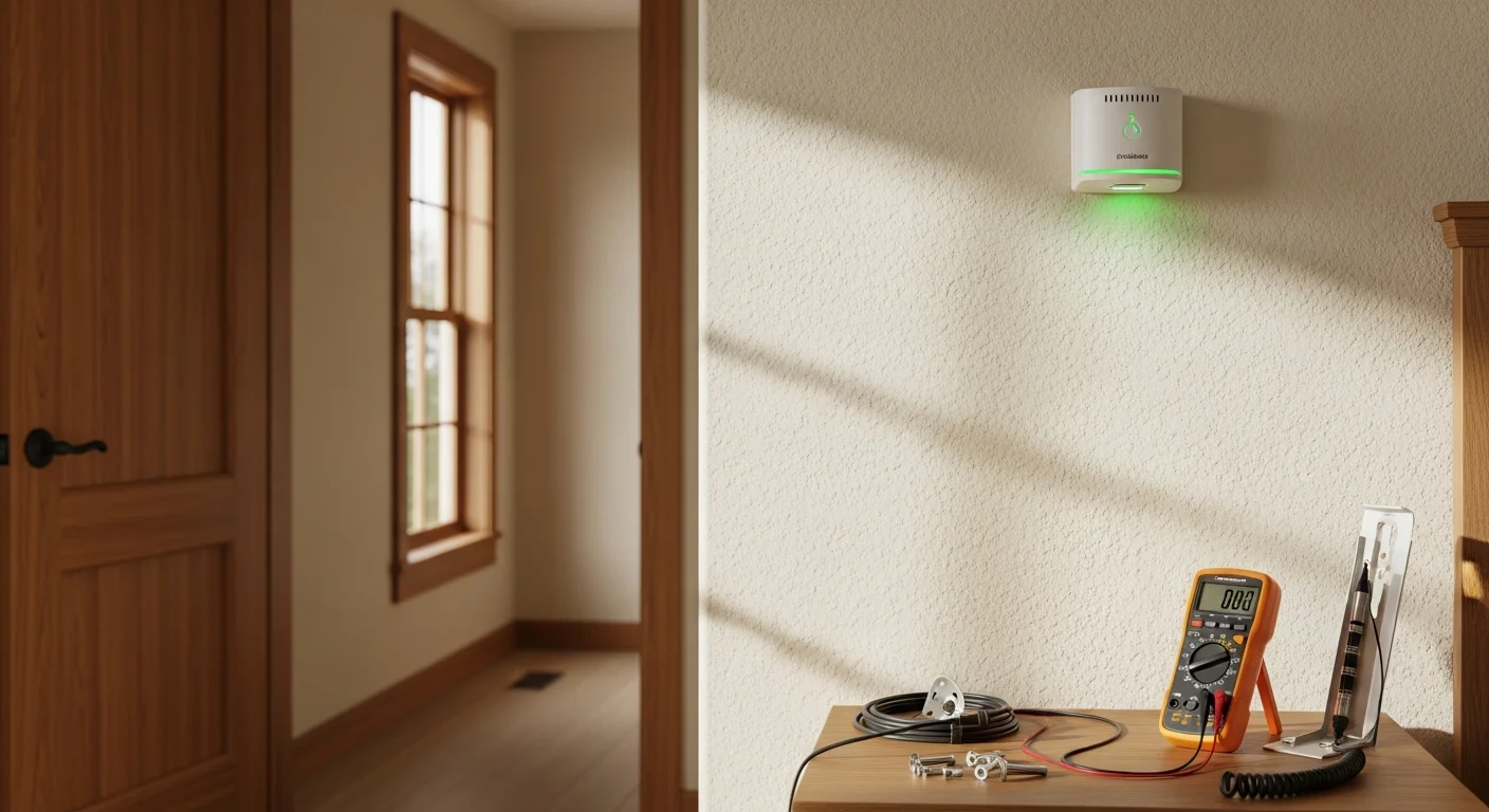 A licensed electrician from Upstanding Electric LLC mounting a carbon monoxide detector on a hallway wall near bedroom doors in a Lakewood, Colorado home. The detector is positioned at the correct height and distance from the sleeping area entrance per Colorado code.