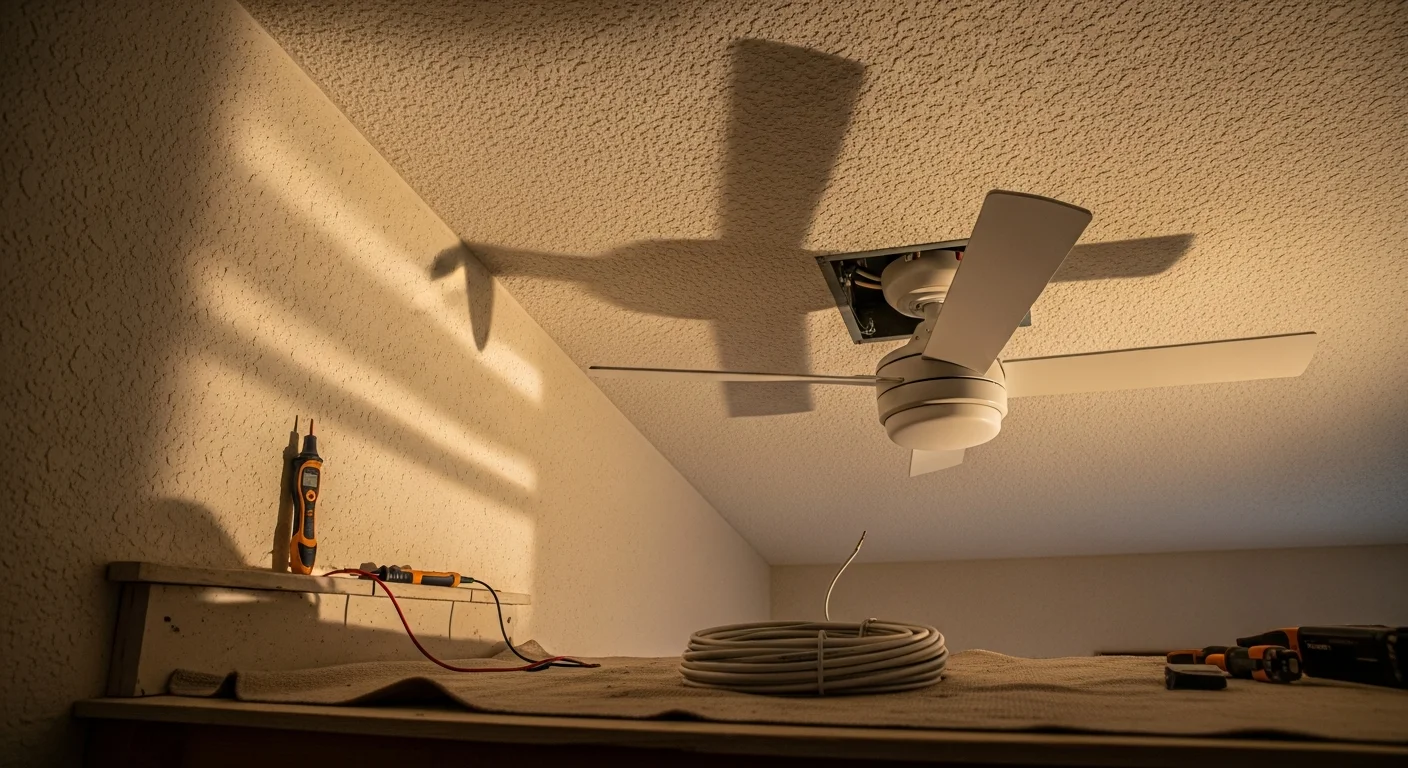 A licensed electrician from Upstanding Electric LLC securing a ceiling fan mounting bracket to a ceiling electrical box inside a single-family home in Lakewood, Colorado. The fan blades and motor housing are visible, with residential interior walls and natural light in the background.