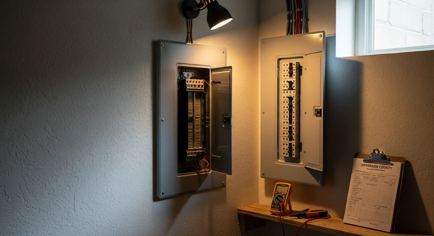 A licensed electrician from Upstanding Electric LLC installs a new residential electrical panel in a Lakewood, Colorado home. The image shows a modern breaker box mounted on a utility room wall, with neatly organized wiring and labeled circuit breakers replacing an older, undersized panel.
