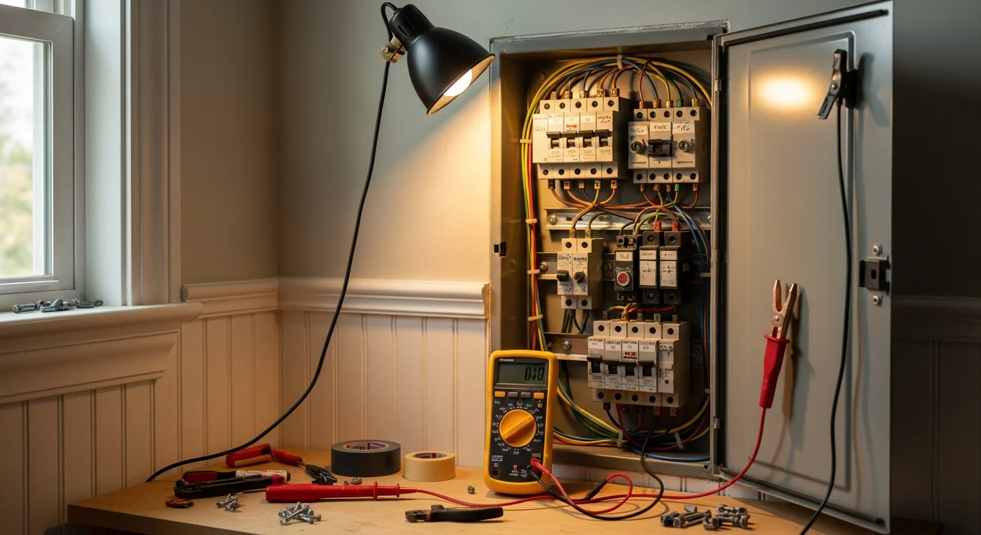 A licensed electrician from Upstanding Electric LLC inspecting a residential electrical panel inside a Lakewood home. The panel cover is open, showing circuit breakers being tested with a diagnostic tool.