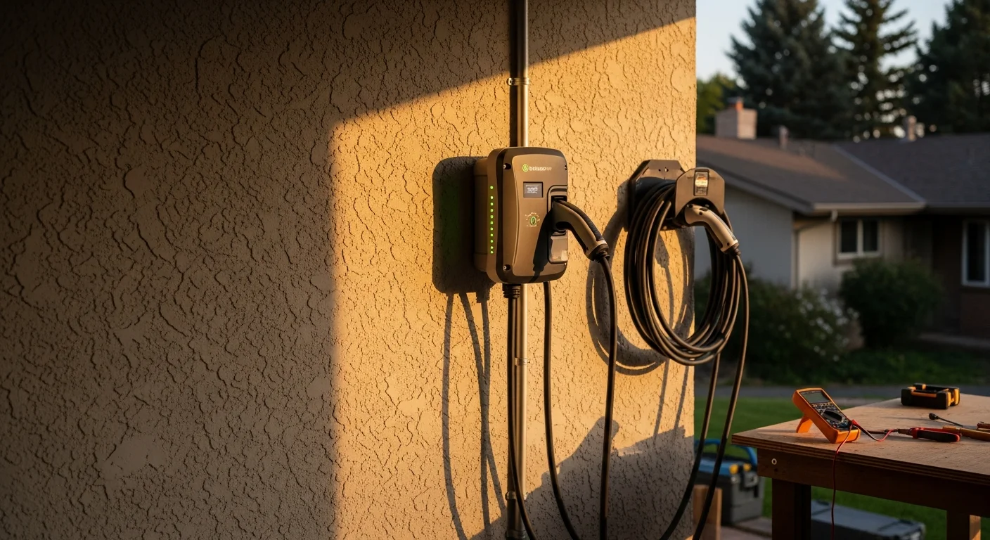 A licensed electrician from Upstanding Electric LLC mounting a Level 2 EV charger on the interior wall of a residential garage in Lakewood, Colorado. A dedicated circuit conduit runs along the wall to a new breaker panel nearby.