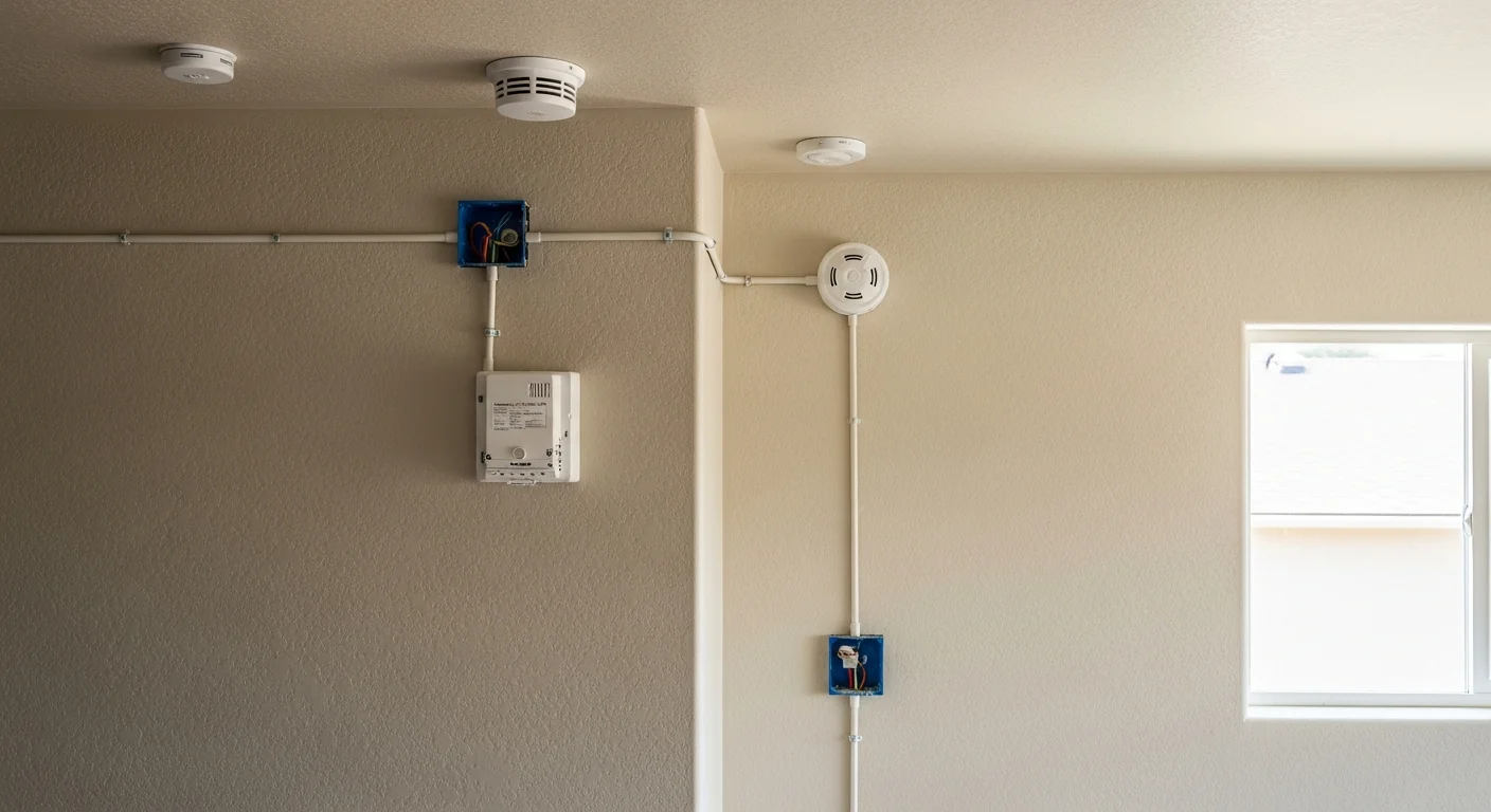 A licensed electrician from Upstanding Electric LLC wiring a hardwired smoke detector into a residential ceiling panel in a Lakewood, CO home. The image shows exposed wiring connections and a mounted detector housing during a fire safety system installation.