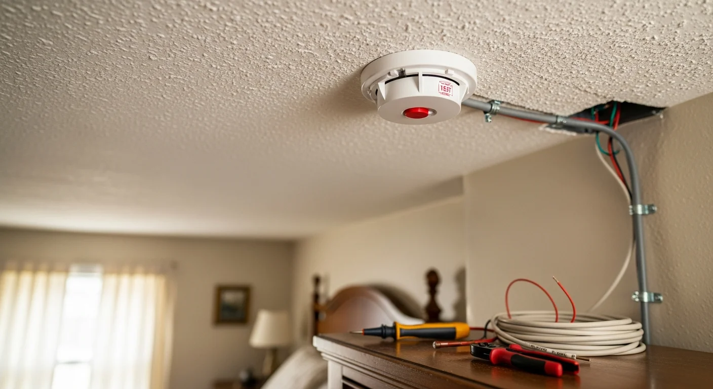 A licensed electrician from Upstanding Electric LLC wiring a hardwired smoke detector into the ceiling of a Lakewood residential home. The detector is mounted in a hallway outside a bedroom, with visible wiring connections and a white housing unit against a painted drywall ceiling.
