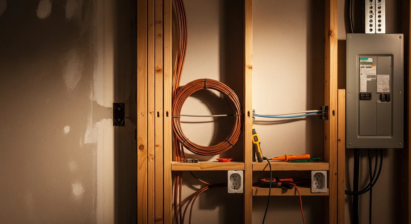A licensed electrician from Upstanding Electric LLC running new wiring through an open wall frame during a home addition project in Lakewood, Colorado. The image shows rough-in electrical work with circuit cables routed to a junction point before drywall installation.