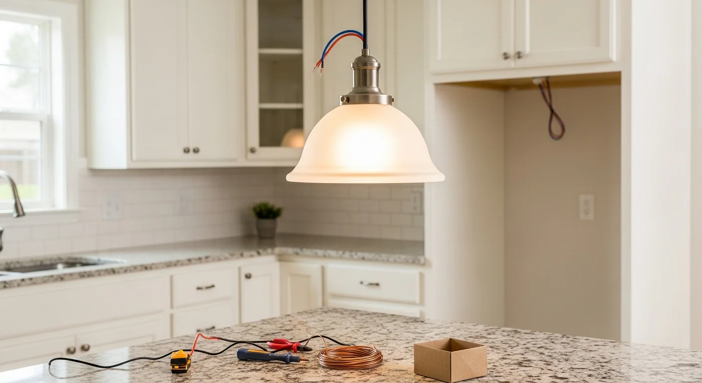 A licensed electrician from Upstanding Electric LLC wiring a new ceiling light fixture in a Lakewood, Colorado home. The finished fixture is mounted flush against a painted drywall ceiling in a residential living room.