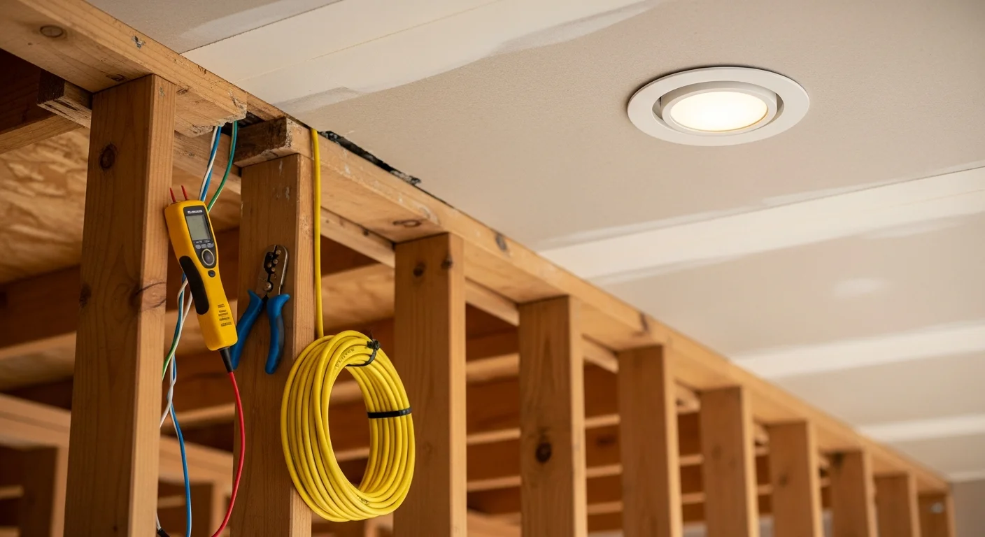 A licensed electrician from Upstanding Electric LLC installing a recessed light fixture in the kitchen of a single-family home in Lakewood, CO. The finished ceiling shows a row of flush-mounted fixtures with clean trim rings against white drywall.
