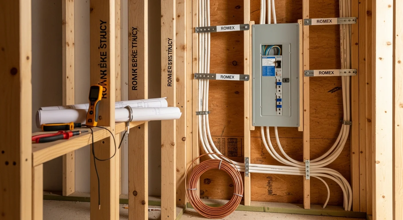 A licensed electrician from Upstanding Electric LLC installing rough-in wiring and a new electrical panel inside the framed walls of a new construction home in Lakewood, Colorado. Conduit runs and circuit wiring are visible between open wall studs prior to drywall installation.