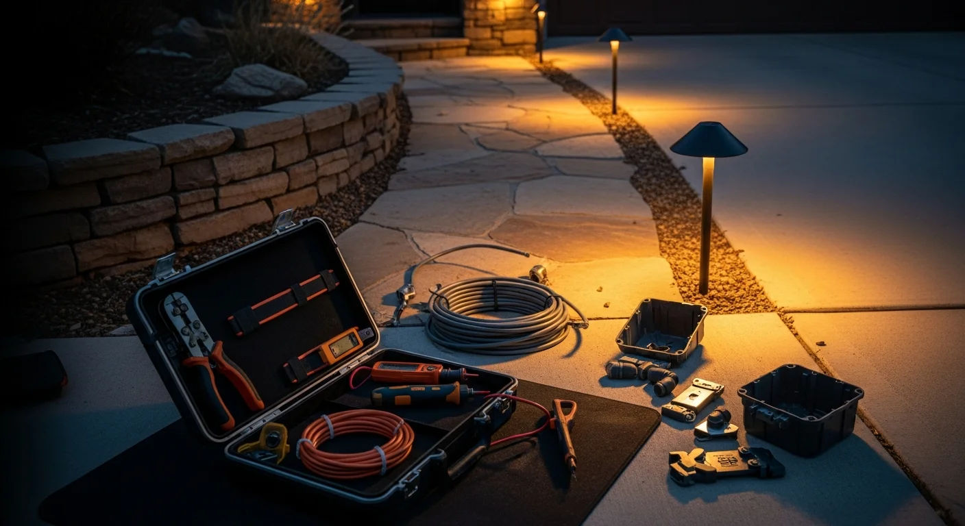 A Lakewood home exterior at night with professionally installed pathway lights illuminating the front walkway and wall-mounted fixtures lighting the entry. Snow-dusted landscaping visible along the path shows the lighting system operating in winter conditions.