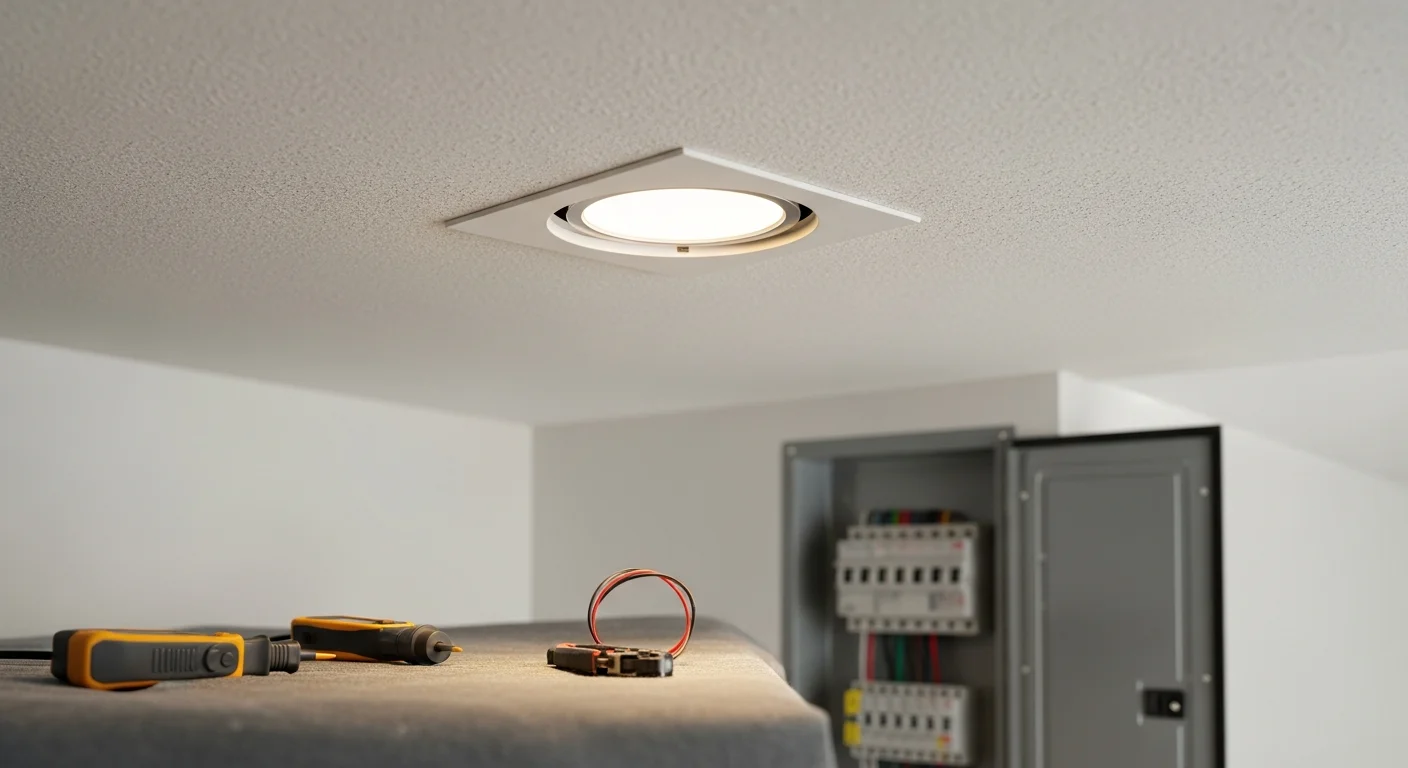 Recessed LED lights installed in a flush white ceiling of a Lakewood home living room. Multiple evenly spaced fixtures illuminate the space with no exposed hardware or wiring visible.