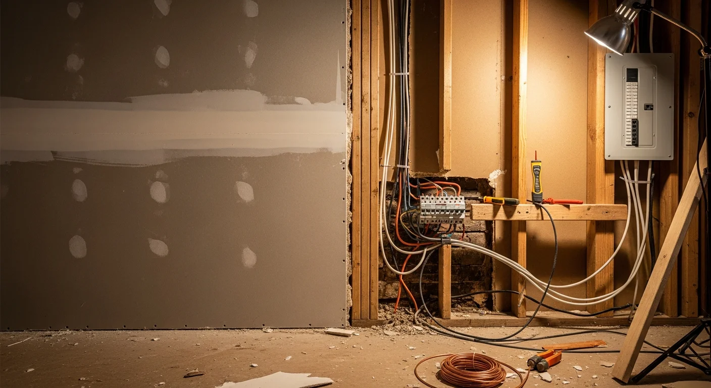 Licensed electrician from Upstanding Electric LLC installing new circuits inside an open wall during a kitchen remodel in Lakewood, Colorado. Updated wiring and a labeled electrical panel are visible in the background of the renovated space.