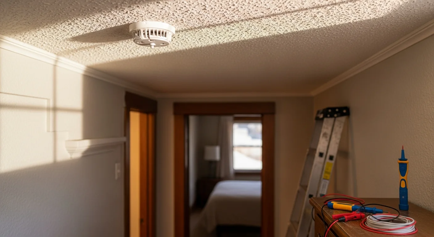 A licensed electrician from Upstanding Electric LLC installs a hardwired smoke alarm on the ceiling of a bedroom in a Lakewood, Colorado home. The electrician connects wiring inside an electrical junction box mounted flush to the drywall.