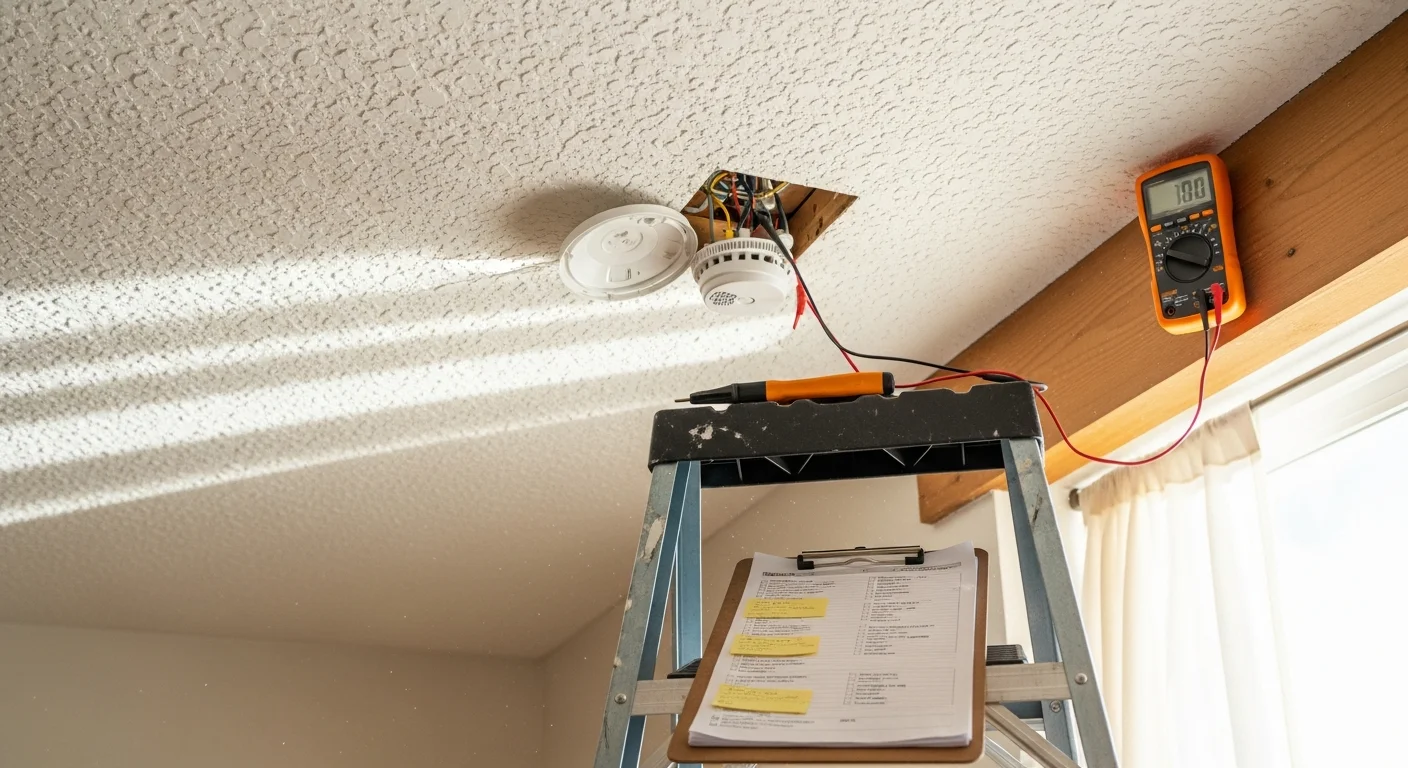 A licensed electrician from Upstanding Electric LLC testing a hardwired smoke alarm mounted on the ceiling of a Lakewood home. The technician is pressing the test button and checking the wiring connection at the unit's base.
