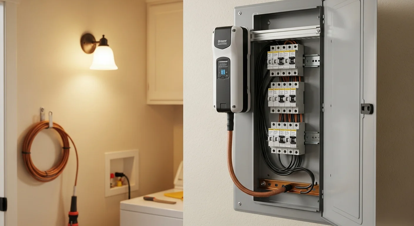 A licensed electrician from Upstanding Electric LLC installing a whole-home surge protective device at a residential electrical panel in Lakewood, Colorado. The panel is open and the surge protector is mounted and wired to the main breaker.