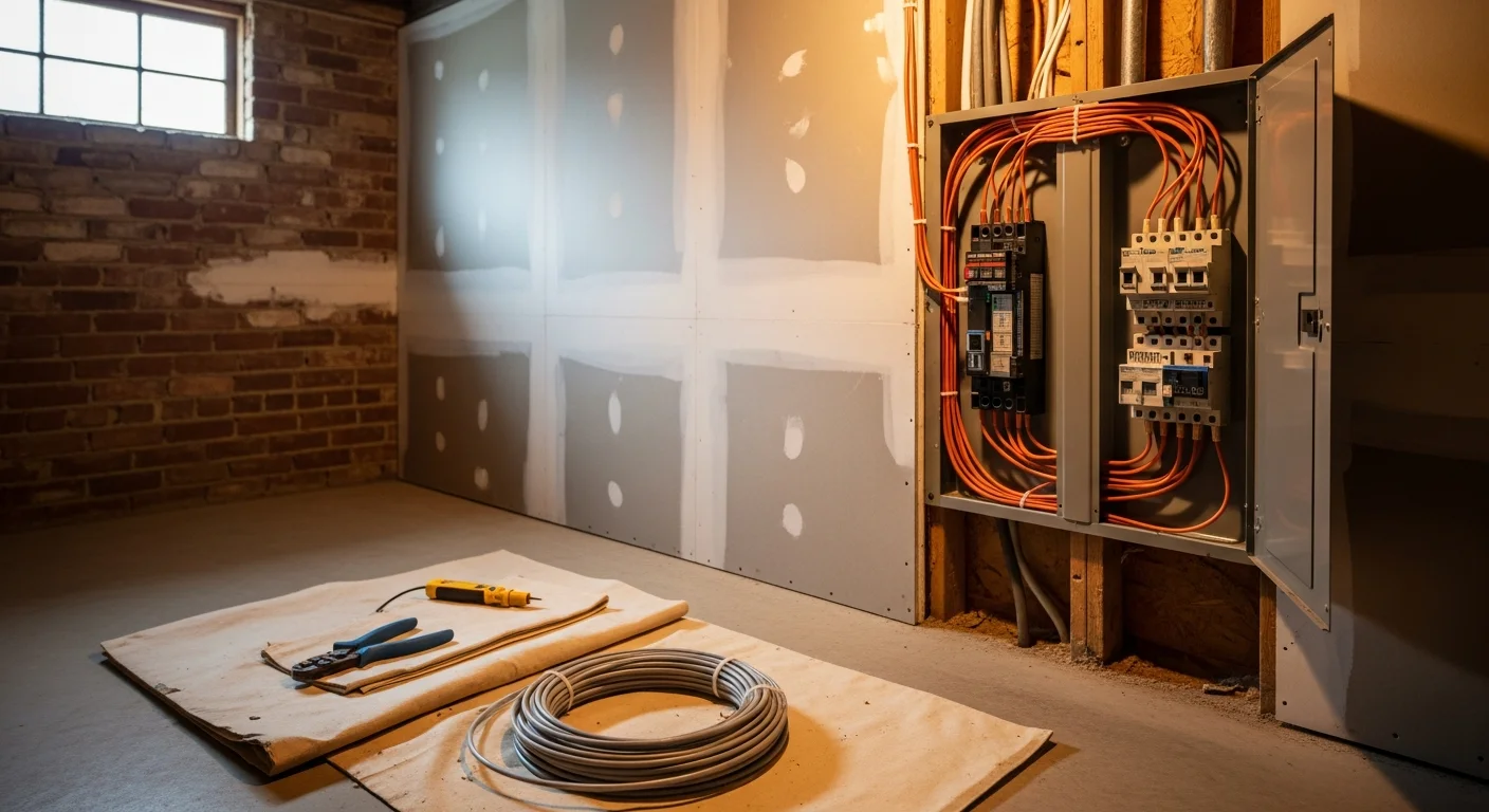 A licensed electrician from Upstanding Electric LLC upgrading branch circuit wiring inside a mid-century Lakewood home, with new copper wiring routed through an open wall cavity. The updated electrical panel is visible in the background with clearly labeled breakers.